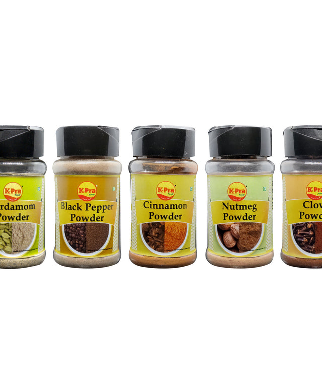 K-Pra Cinnamon Powder (Dalchini) 25g | Nutmeg Powder (Jaiphal) 25g | Cardamom Powder (Velchi) 25g | Clove Powder (Lavang) 25g | Black Pepper Powder (Mire) 50g | Combo Pack of 5 (150 gm)